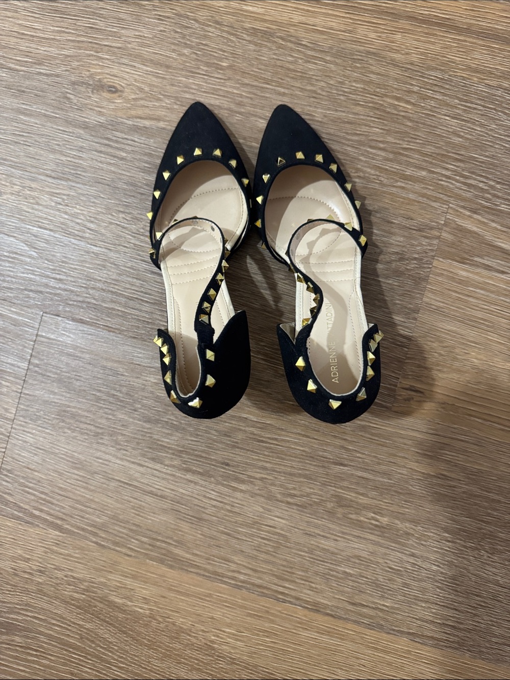 Adrienne Vittadini Black Pointed Studded D'Orsay Flats with Gold Accents